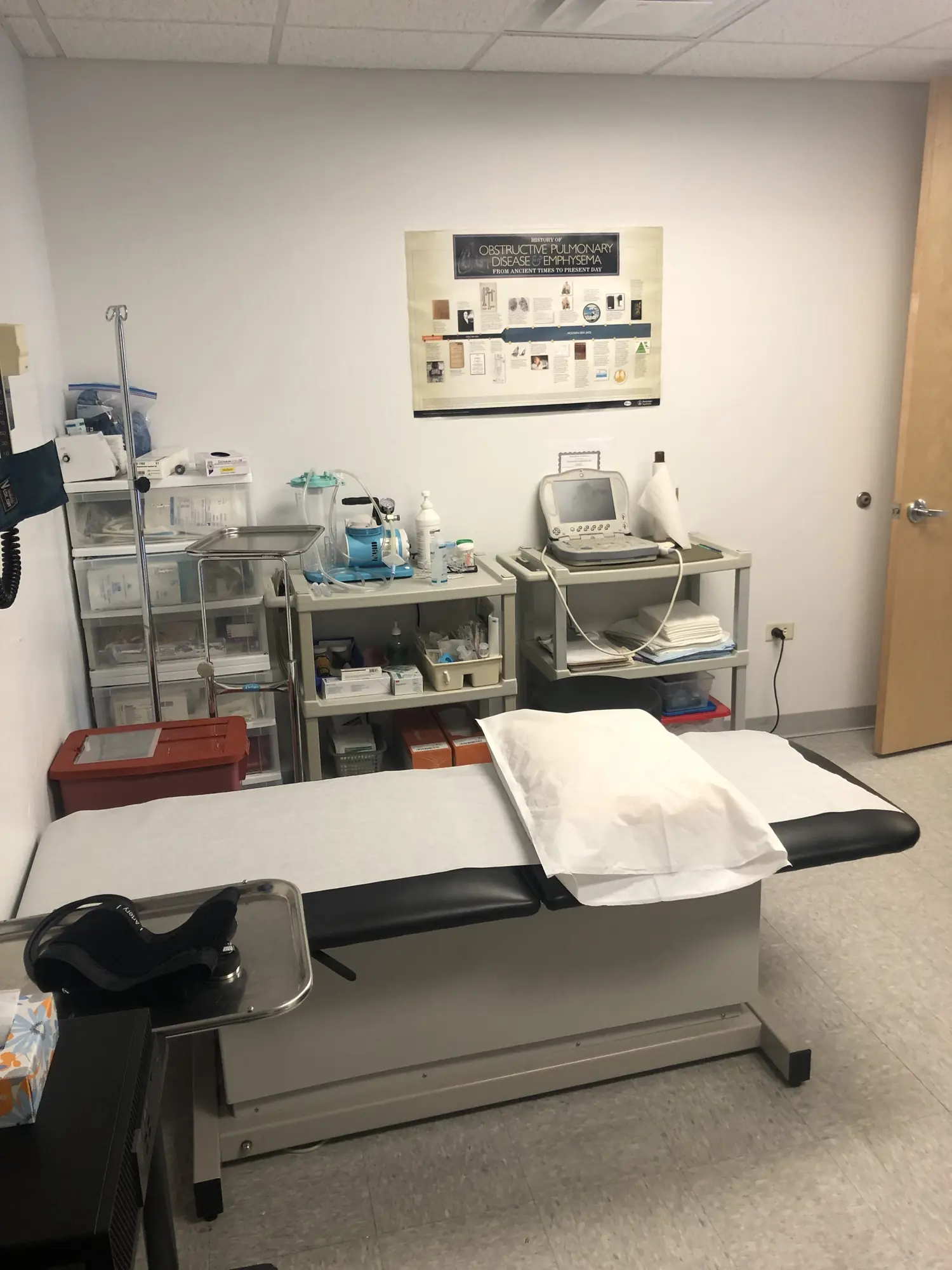 A clinic exam room, table and counters clean.